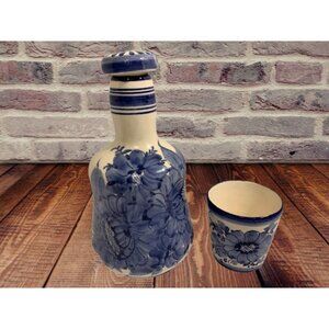 Vintage Hand Painted Ceramic Pitcher Stoper & Tumbler Blue Floral Design 10"